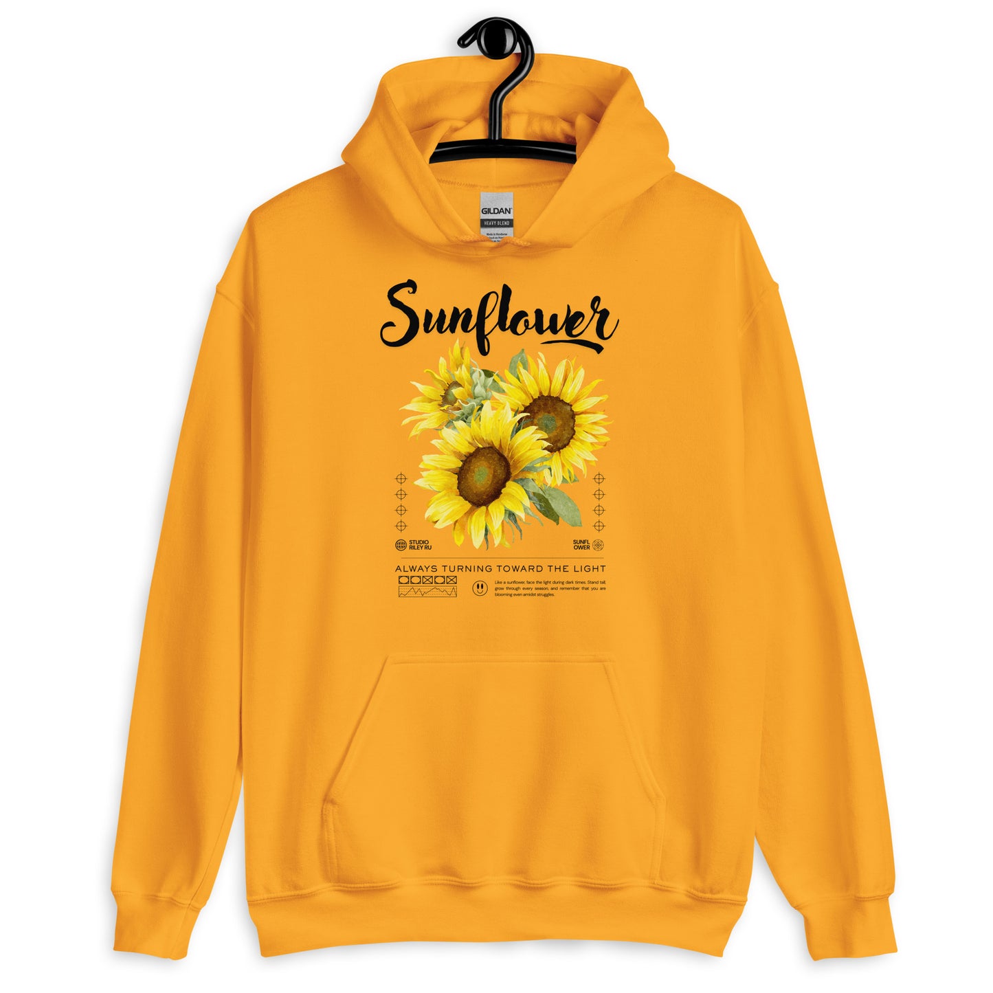 Yellow hoodie with sunflower design and text on a white background