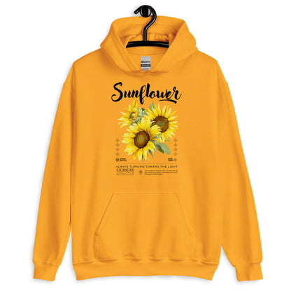 Yellow hoodie with sunflower design and text on a white background