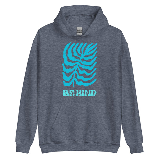 Gray hoodie with blue graphic design and 'Be Kind' text on a white background