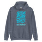 Gray hoodie with blue graphic design and 'Be Kind' text on a white background