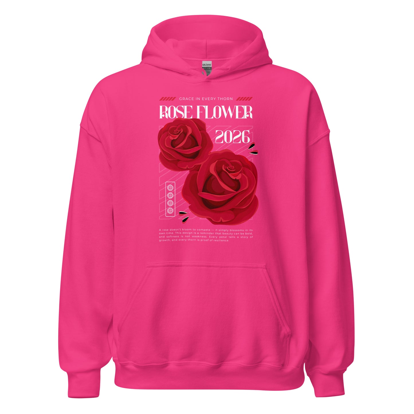 Pink hoodie with red roses and text design on a white background