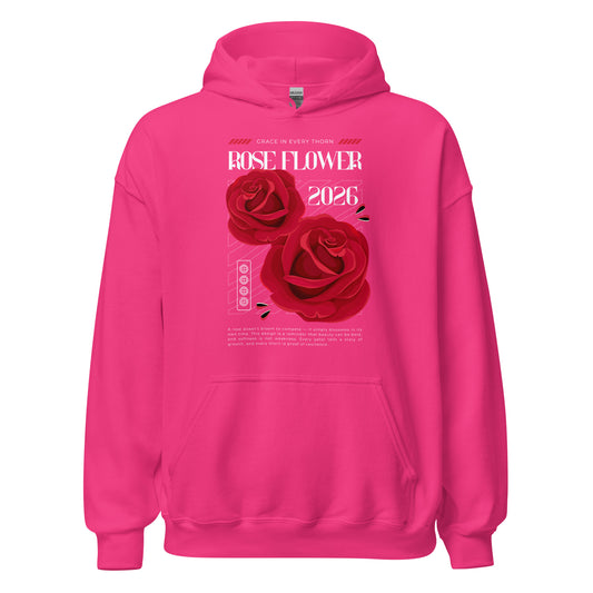 Pink hoodie with red roses and text design on a white background