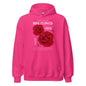 Pink hoodie with red roses and text design on a white background