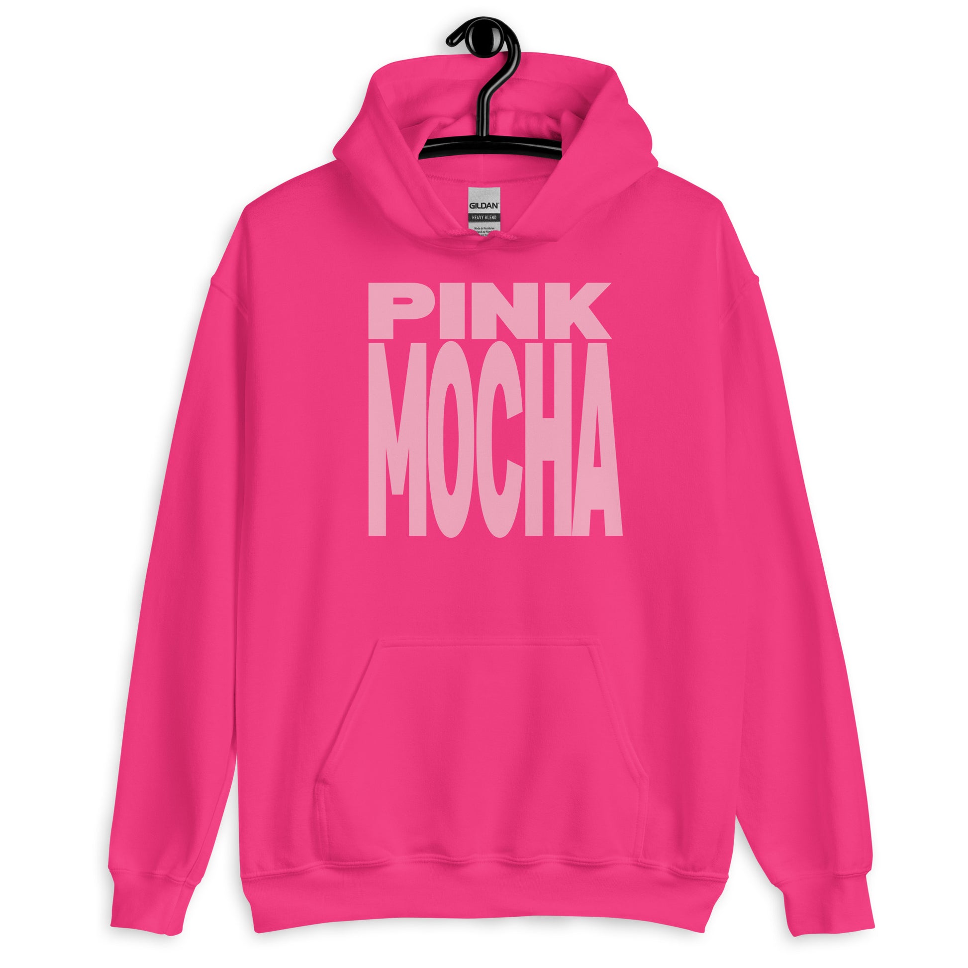 Pink hoodie with 'PINK MOCHA' text on a white background