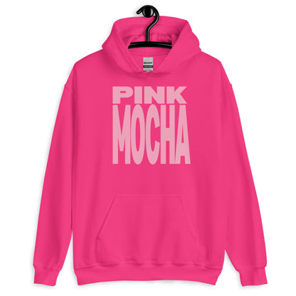 Pink hoodie with 'PINK MOCHA' text on a white background