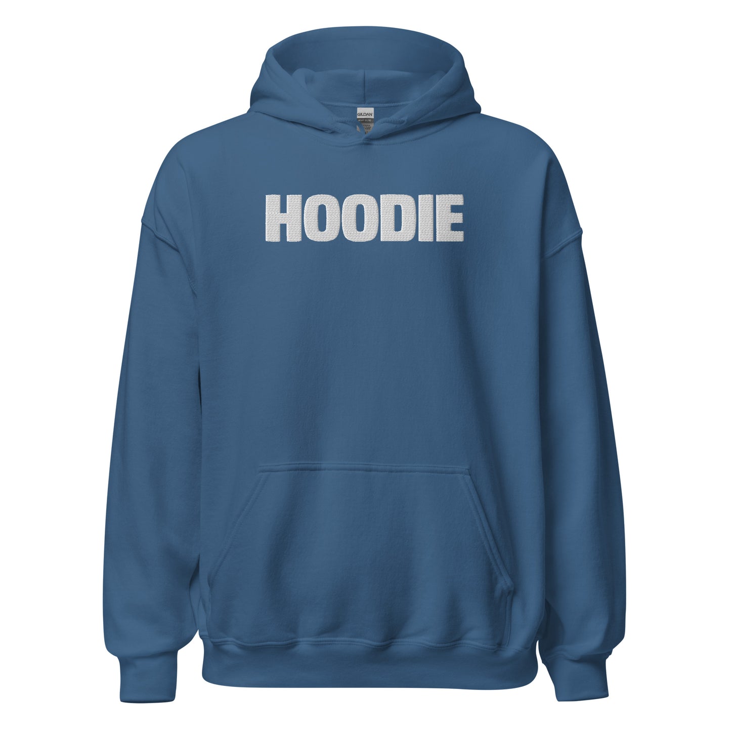 Blue hoodie with 'HOODIE' printed on the back against a white background