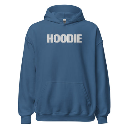 Blue hoodie with 'HOODIE' printed on the back against a white background