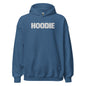 Blue hoodie with 'HOODIE' printed on the back against a white background