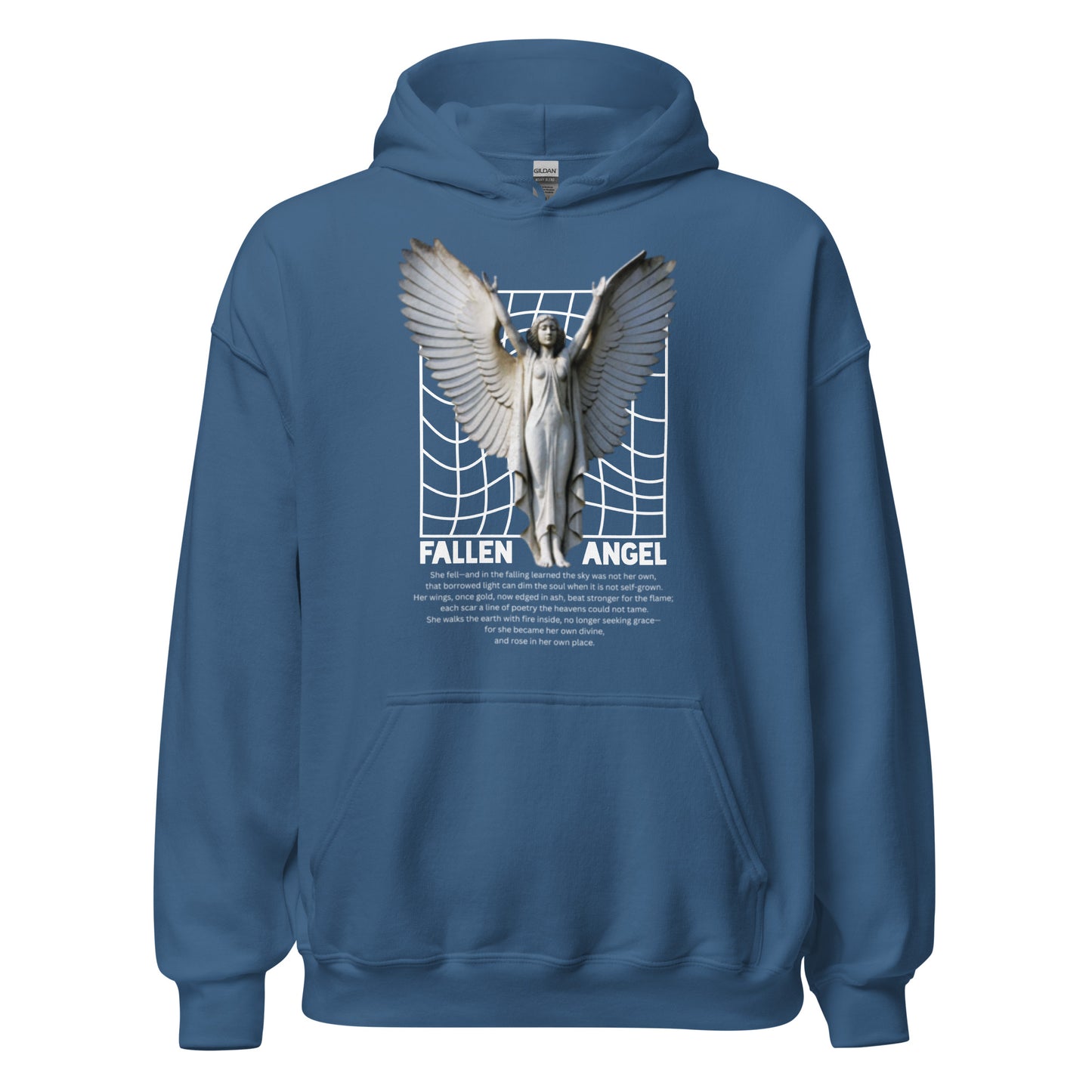 Blue hoodie with a graphic of a fallen angel on a white background