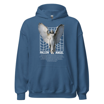Blue hoodie with a graphic of a fallen angel on a white background