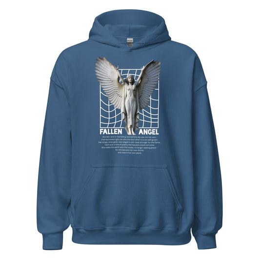 Blue hoodie with a graphic of a fallen angel on a white background