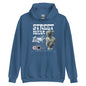 Blue hoodie with streetwear design featuring a statue and text on a white background