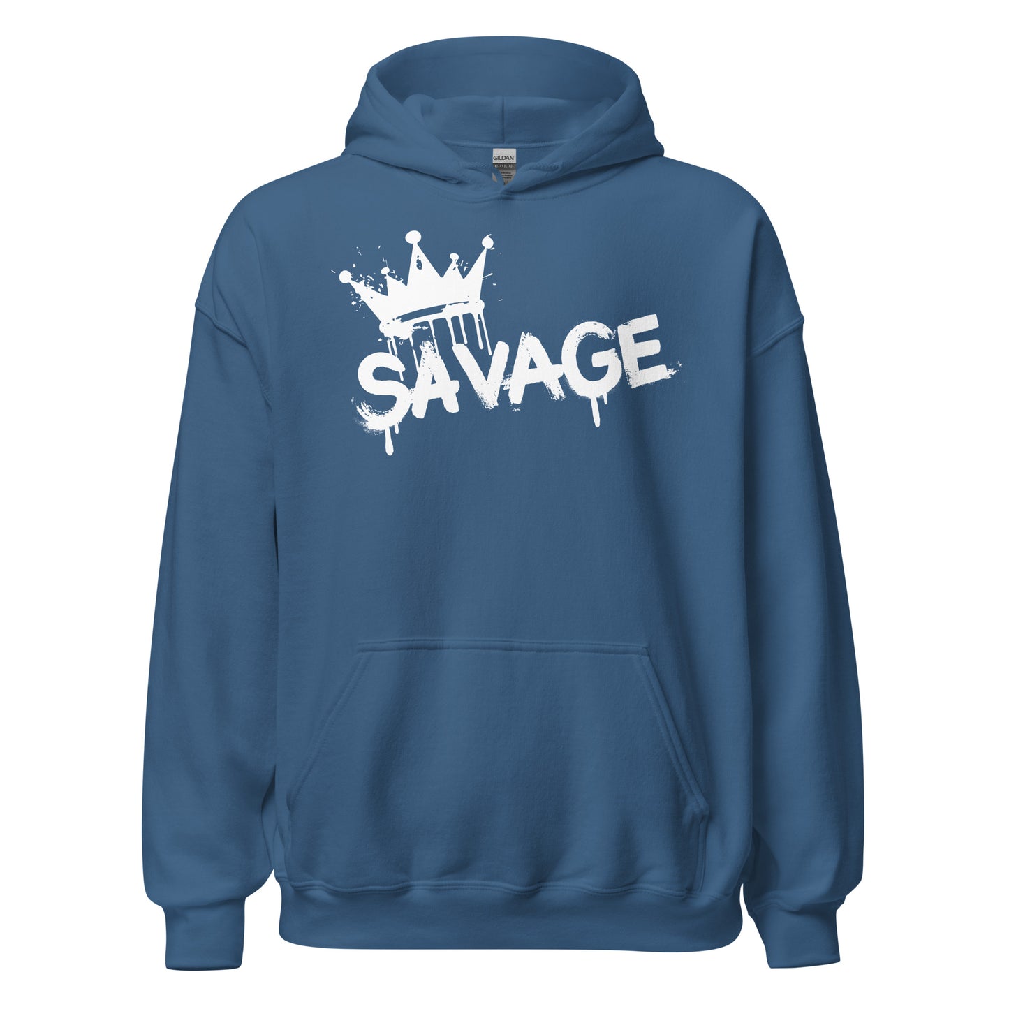 Blue hoodie with 'SAVAGE' graphic design on a white background