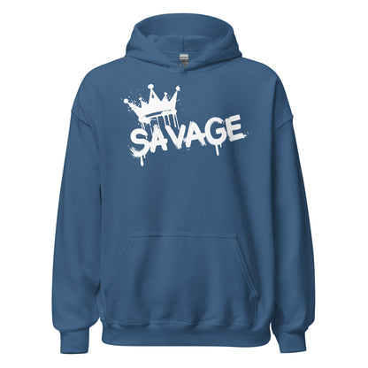 Blue hoodie with 'SAVAGE' graphic design on a white background