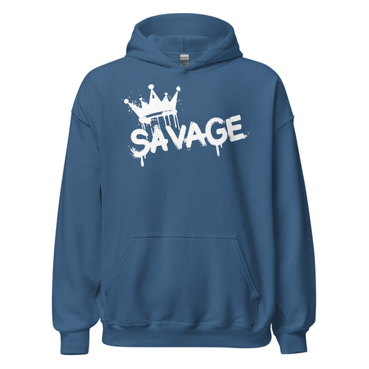Blue hoodie with 'SAVAGE' graphic design on a white background
