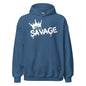 Blue hoodie with 'SAVAGE' graphic design on a white background