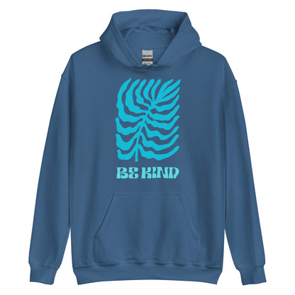 Blue hoodie with a turquoise design and 'Be Kind' text on a white background