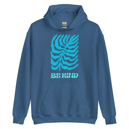 Blue hoodie with a turquoise design and 'Be Kind' text on a white background