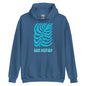 Blue hoodie with a turquoise design and 'Be Kind' text on a white background