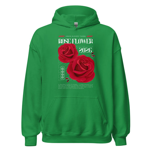 Green hoodie with red roses and text on a white background