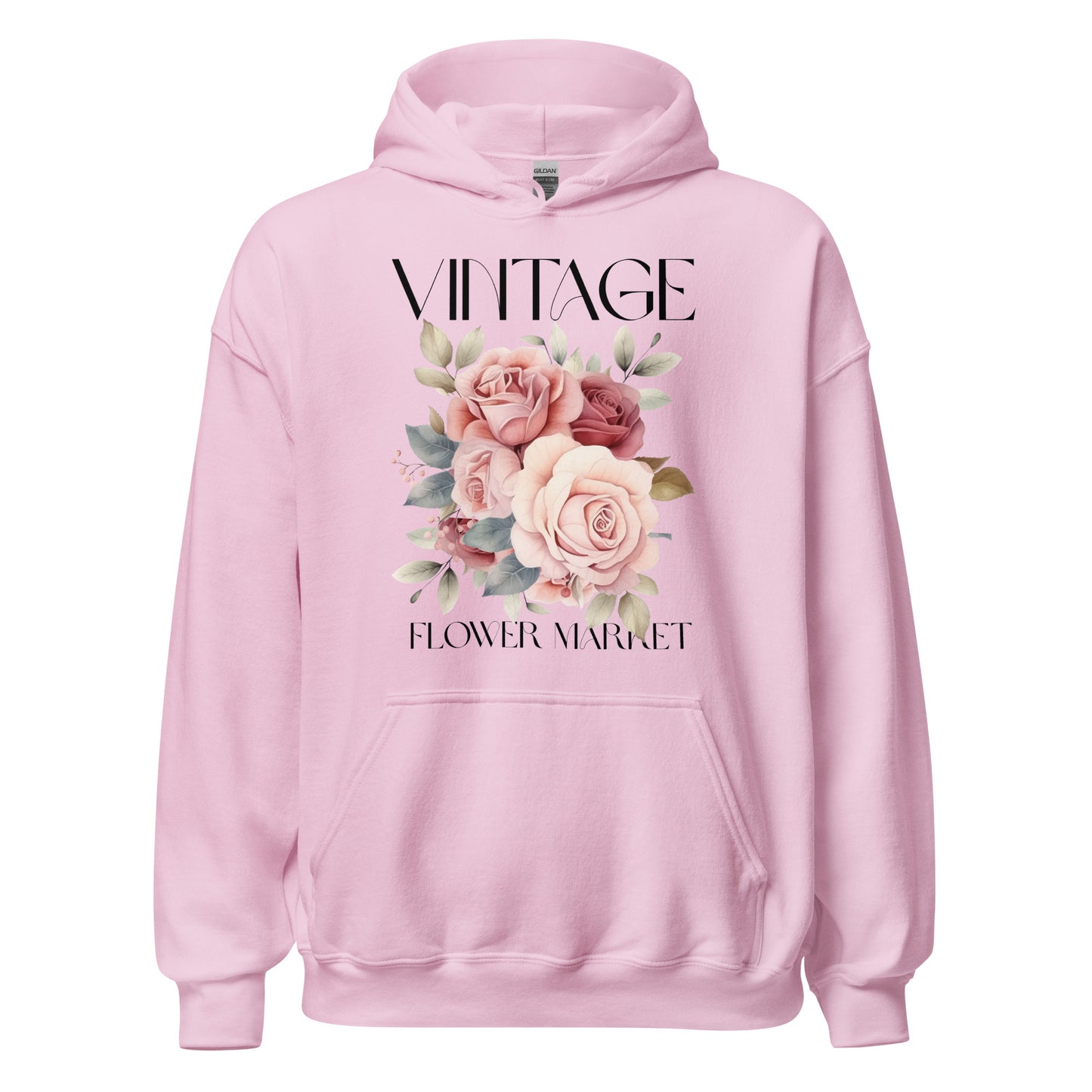 Pink hoodie with floral design and text on a white background