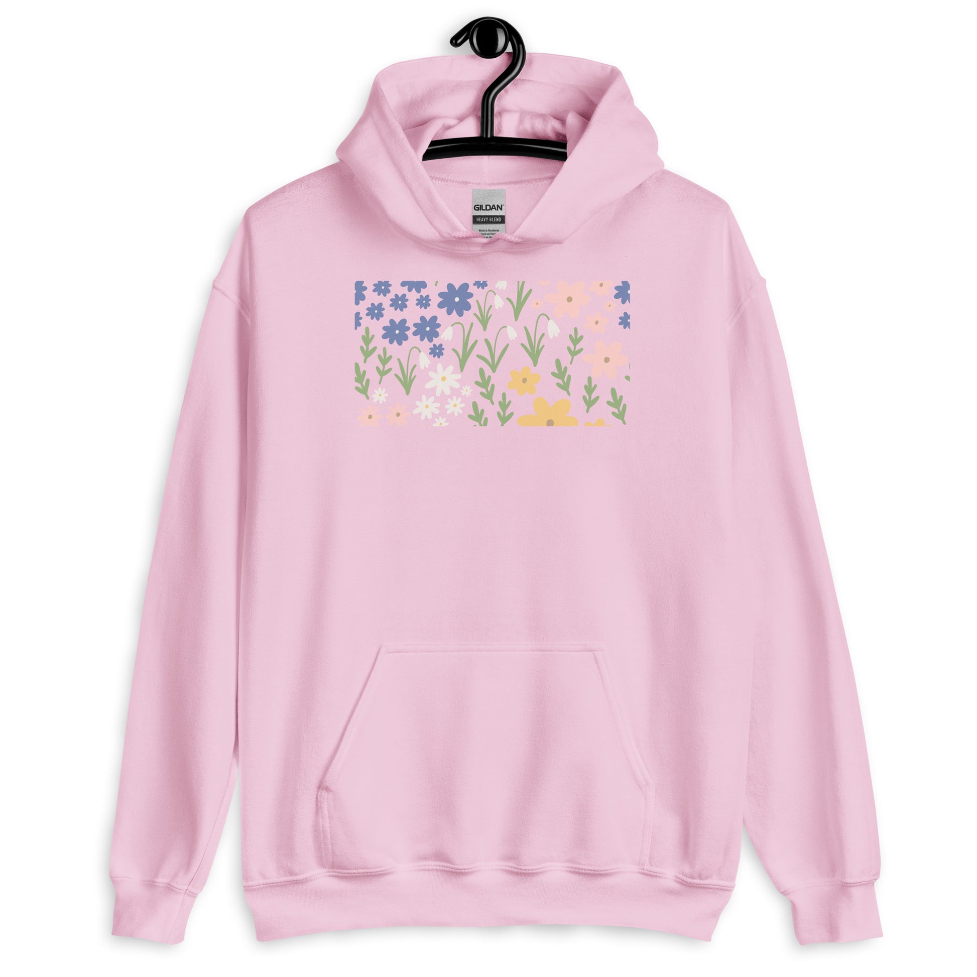 Pink hoodie with floral design on a hanger against a white background