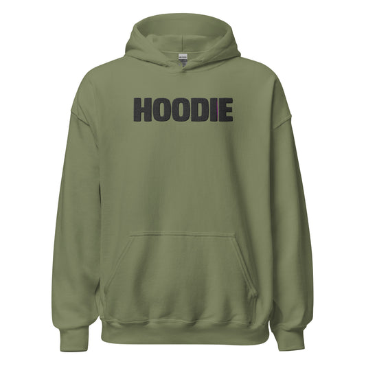 Green hoodie with 'HOODIE' printed on the back against a white background