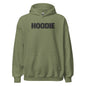 Green hoodie with 'HOODIE' printed on the back against a white background