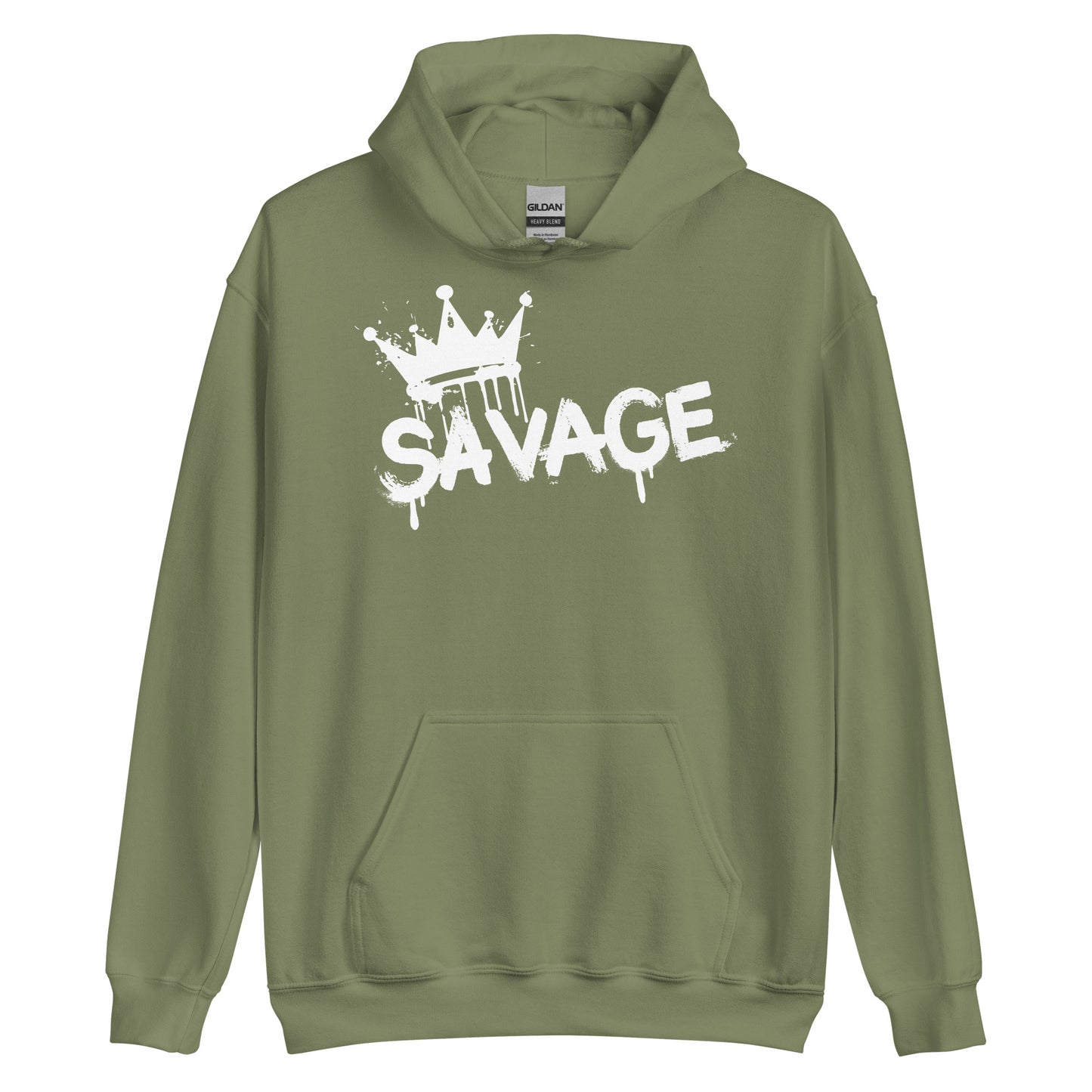 Green hoodie with 'Savage' graphic on a white background