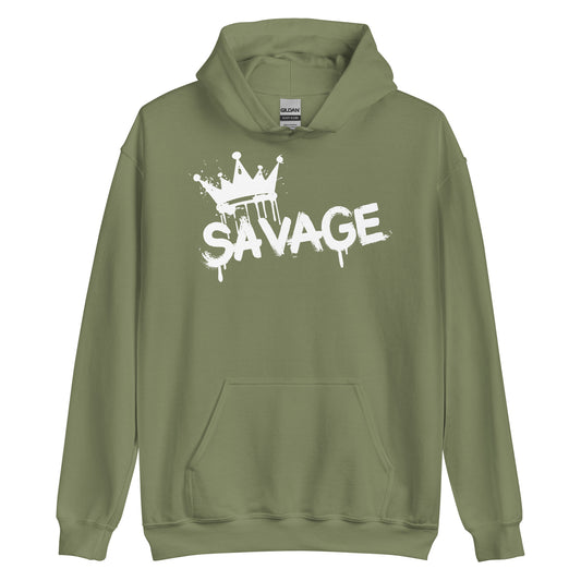 Green hoodie with 'Savage' graphic on a white background