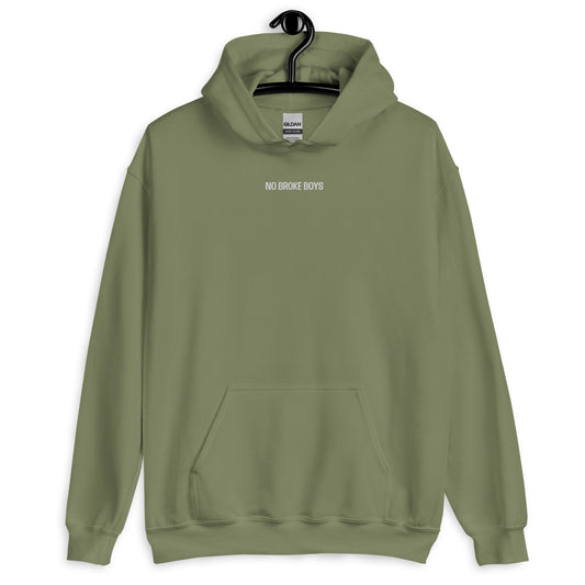 NO BROKE BOYS White Embroidered Lyrics Unisex Hoodie