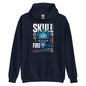 Navy blue hoodie with a graphic design of a skull and text on a white background
