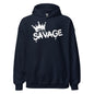 Navy hoodie with 'SAVAGE' graphic design on a white background