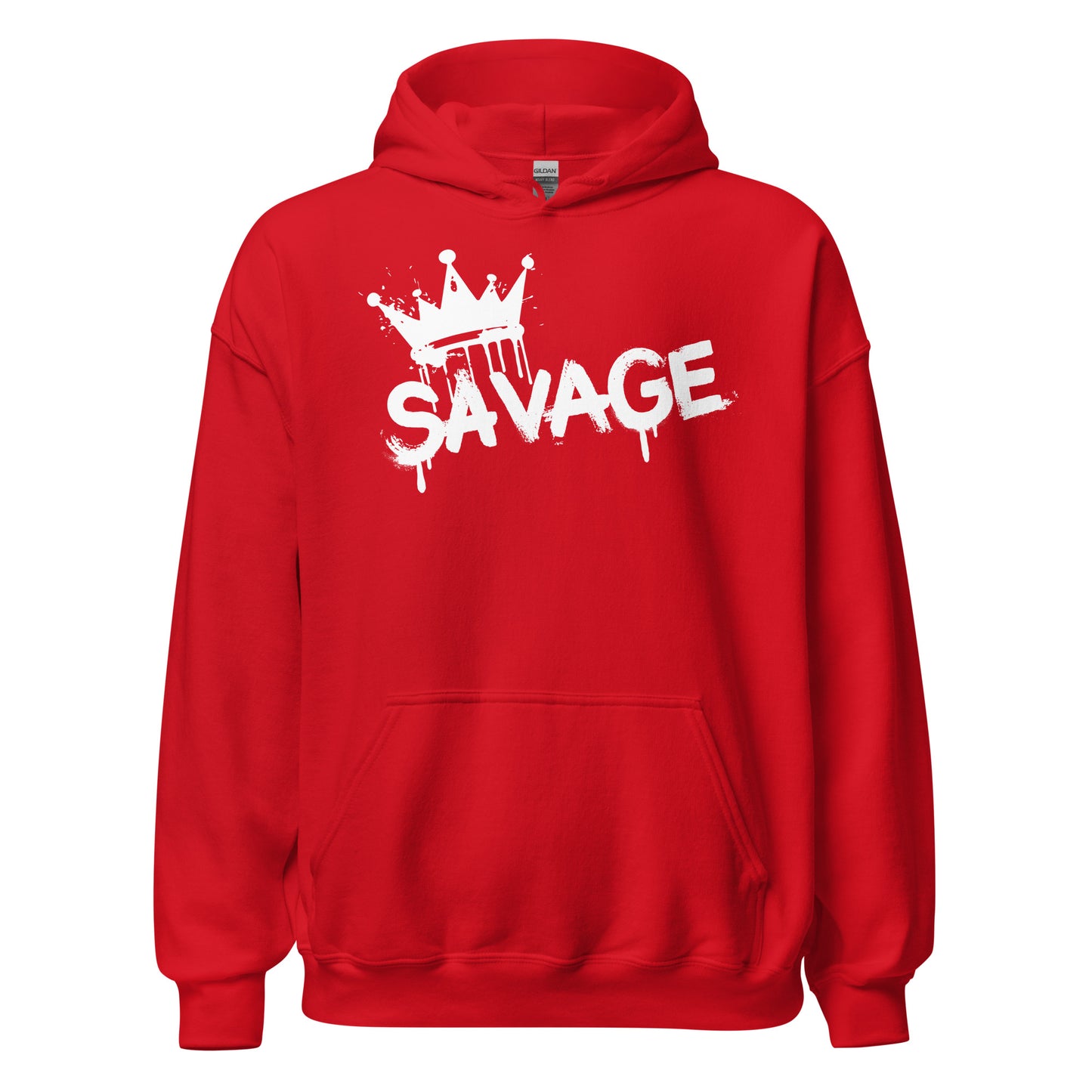 Red hoodie with 'SAVAGE' graphic on a white background