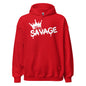Red hoodie with 'SAVAGE' graphic on a white background