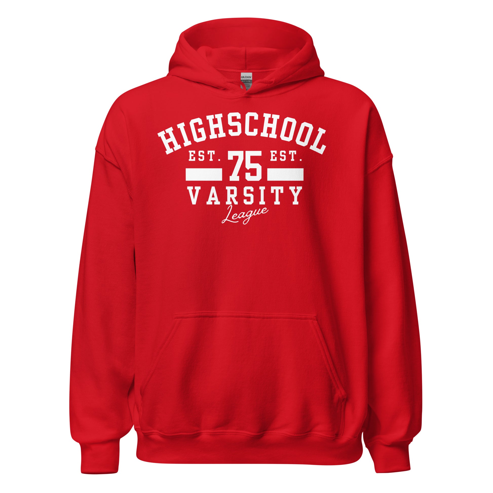 Red hoodie with 'Highschool Varsity League' text on a white background