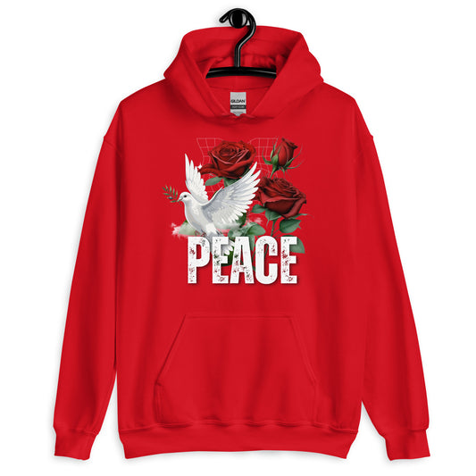 Red hoodie with a white dove and roses design on a hanger against a white background