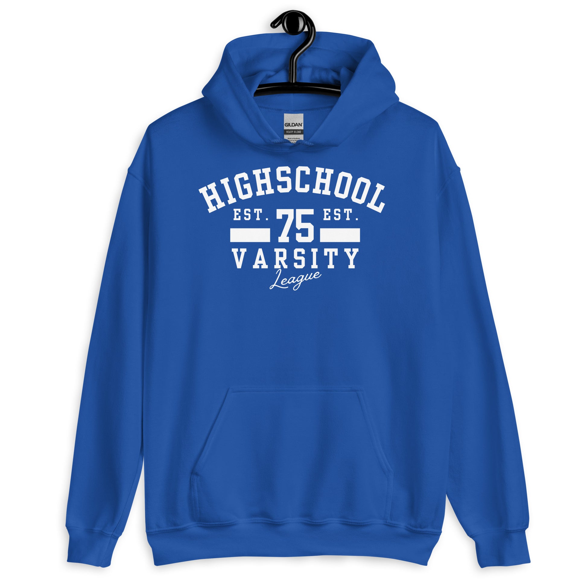 Blue hoodie with 'Highschool Varsity League' text on a white background