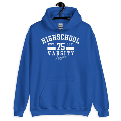 Blue hoodie with 'Highschool Varsity League' text on a white background
