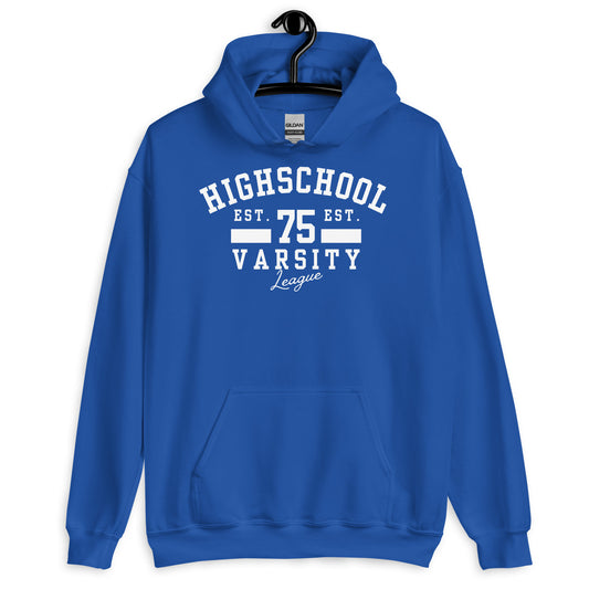 Blue hoodie with 'Highschool Varsity League' text on a white background