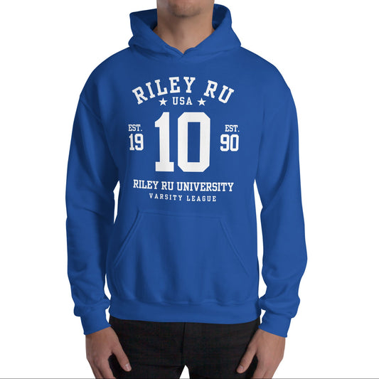 Person wearing a blue hoodie with 'Riley RU' text on a white background