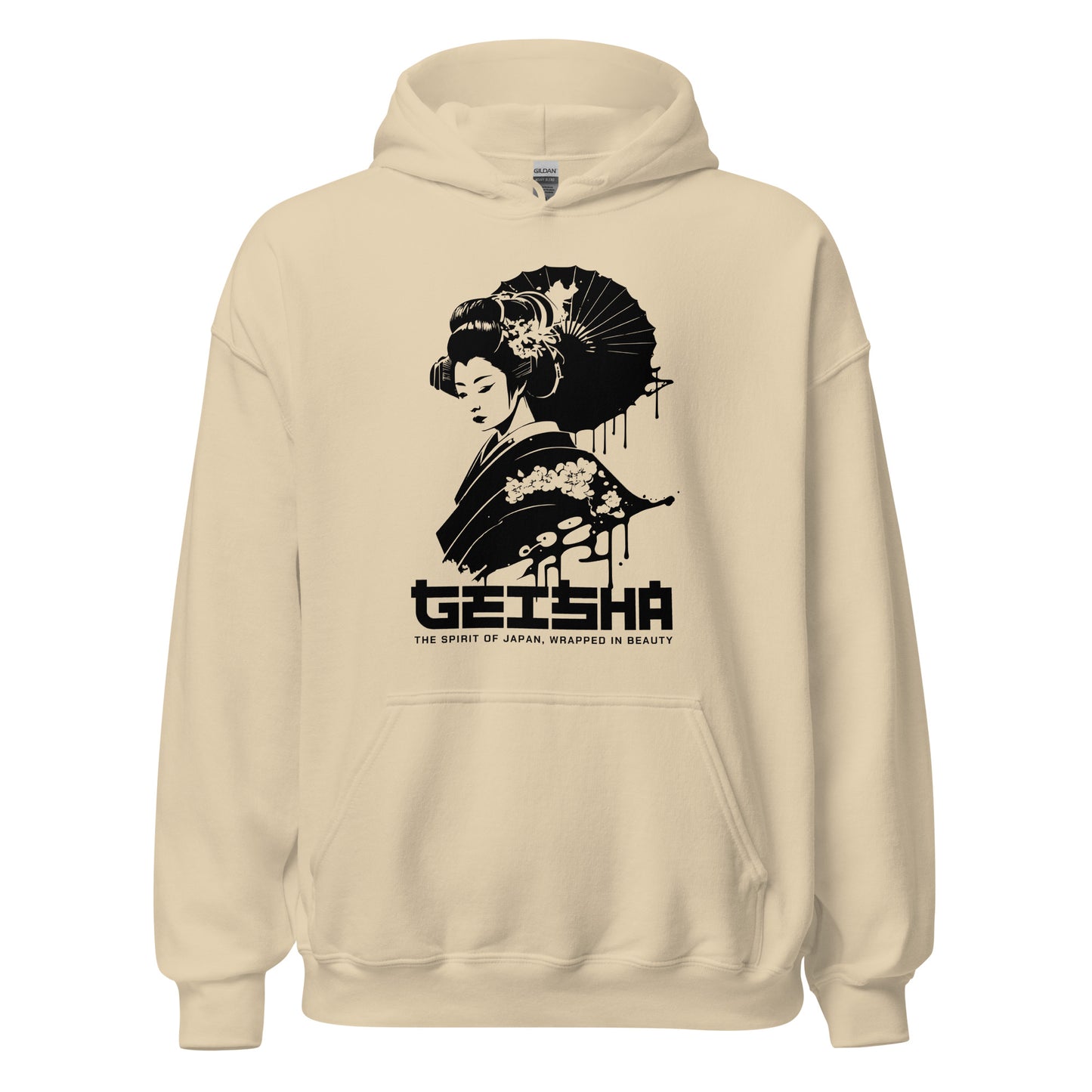 Beige hoodie with a black geisha design and text on a white background