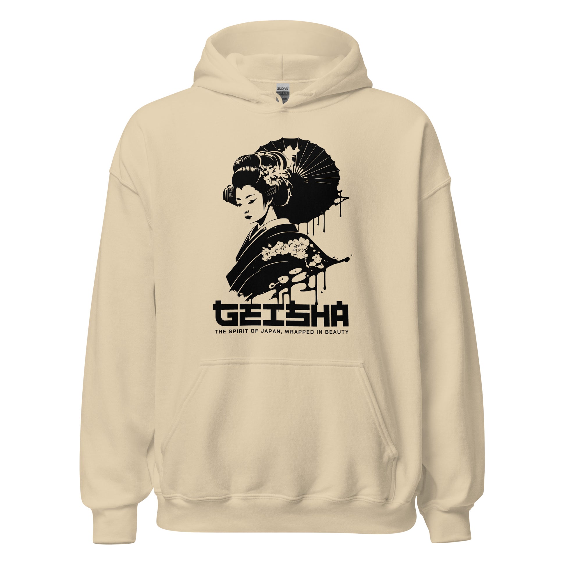 Beige hoodie with a black geisha design and text on a white background