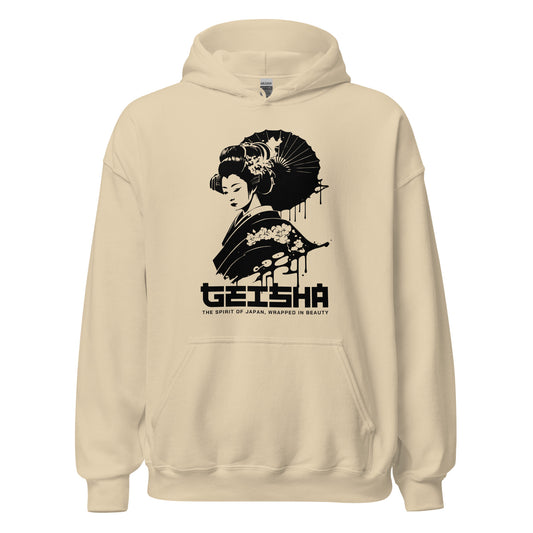 Beige hoodie with a black geisha design and text on a white background