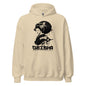 Beige hoodie with a black geisha design and text on a white background