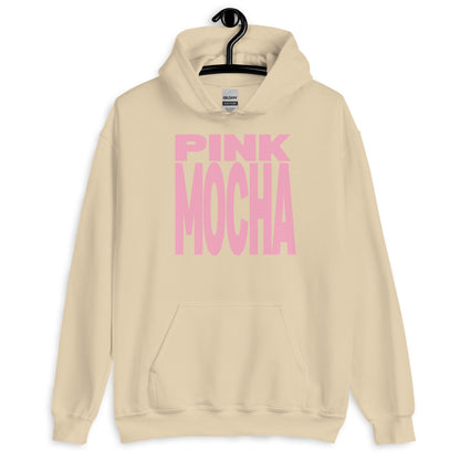 Beige hoodie with 'Pink Mocha' text on a hanger against a white background