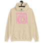 Beige hoodie with 'Pink Mocha' text on a hanger against a white background