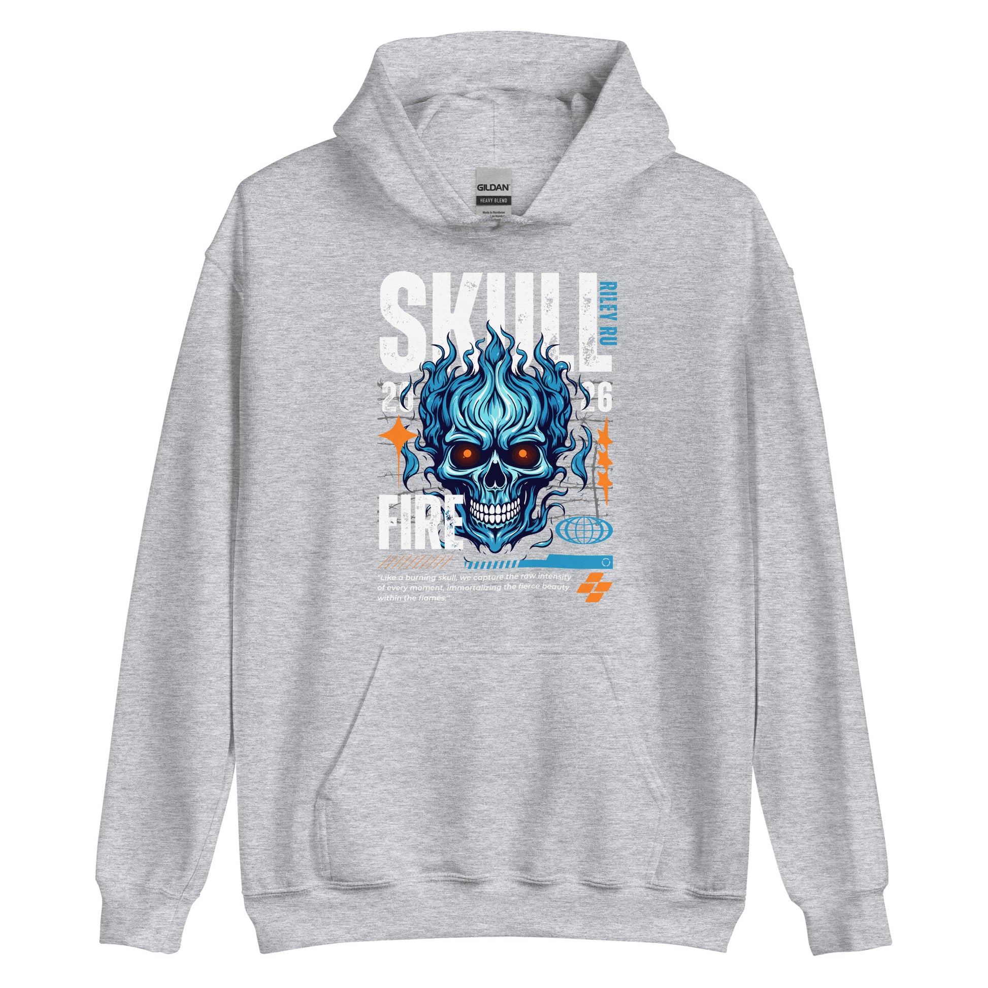 Gray hoodie with a blue skull design and text on a white background