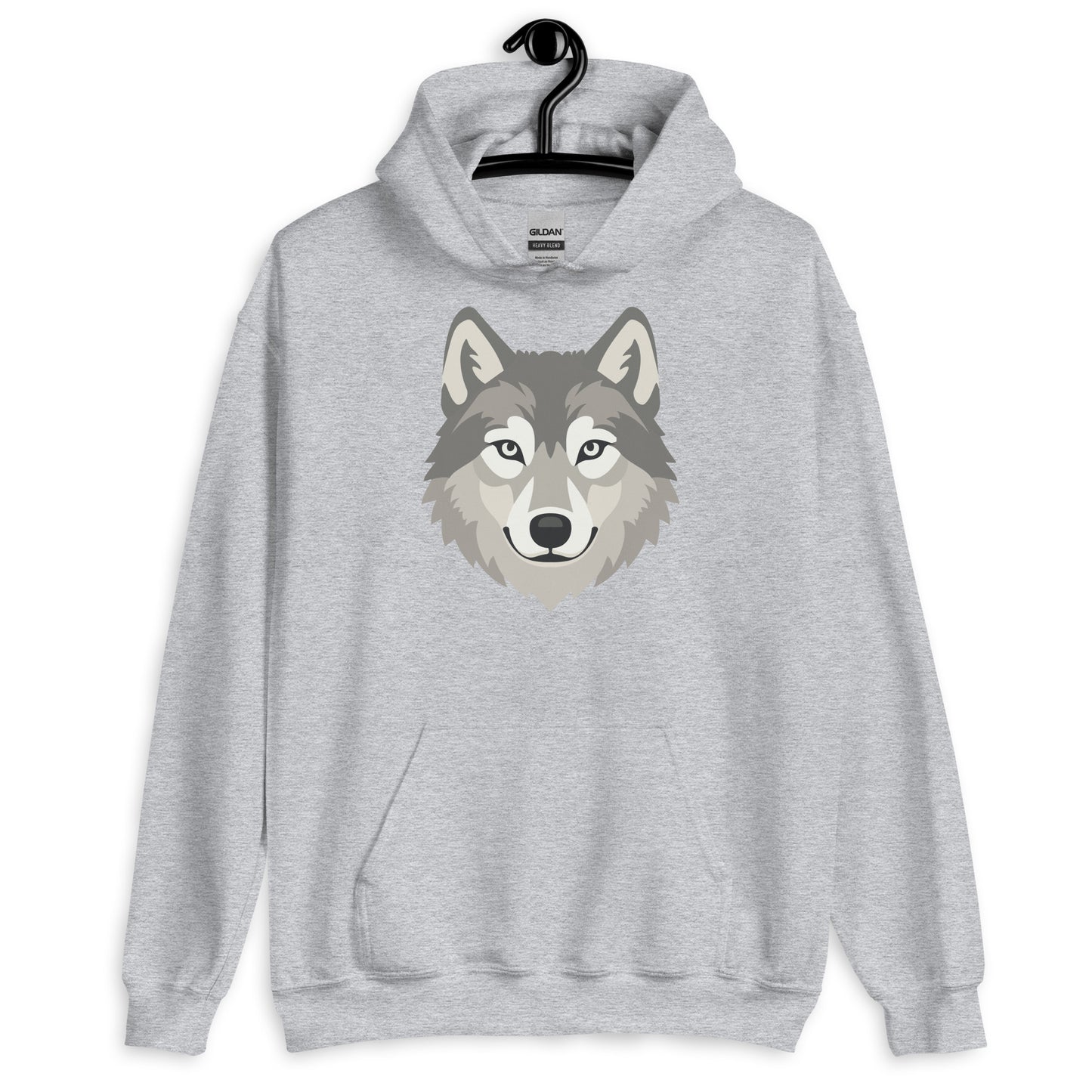 Gray hoodie with a wolf graphic on a white background