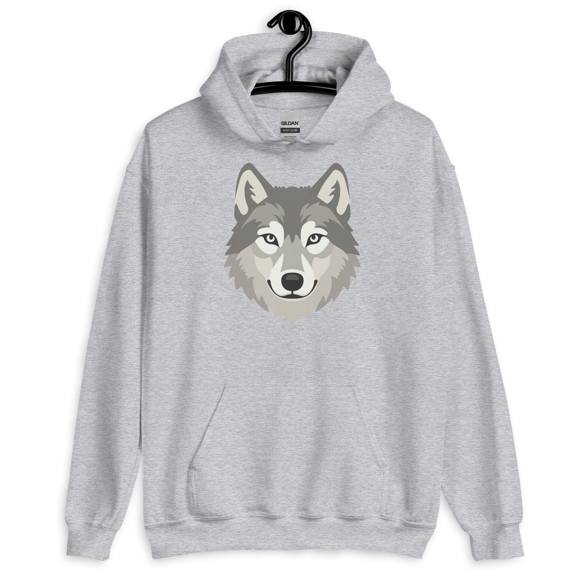 Gray hoodie with a wolf graphic on a white background